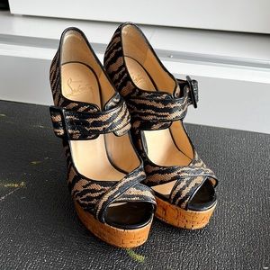Authentic Christian Louboutin Tiger Striped Cork Wedges - Size 38.